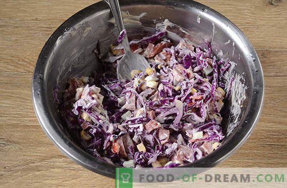 Salada de repolho roxo - vitamina brilhante, saborosa! Como preparar rapidamente uma salada de repolho roxo com pimenta, milho, salsicha e ovos