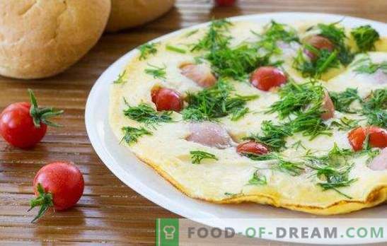 Omelete com salsichas - um café da manhã simples e rico! Cozinhando deliciosas omeletes com salsichas no forno, microondas, fogão lento e panela