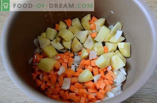 Ensopado de legumes com almôndegas em um fogão lento: um prato saudável e bonito. Receita da foto passo a passo do autor de cozinhar em uma ensopado de legumes multivariada