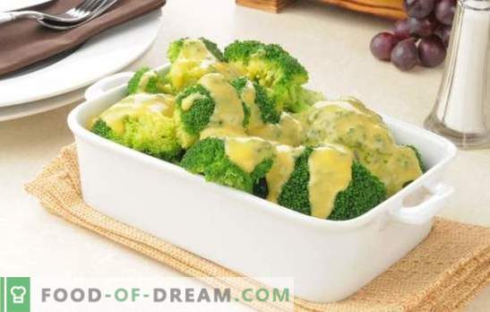 Brócolis em molho cremoso com noz-moscada, queijo, cogumelos. Receitas cozidas e assadas de brócolis em molho de creme