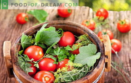 Verde e vermelho, o sabor é maravilhoso, tomates salgados em um barril para o inverno. Diferentes formas de colher tomates em um barril para o inverno