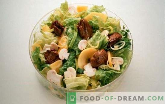 Salada com fígado e cogumelos: as receitas culinárias mais bem sucedidas. Cozinhando deliciosas saladas de fígado e cogumelos em diferentes variações