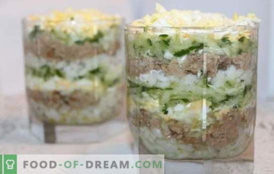 Salada de fígado de bacalhau com arroz - opções de cozinhar para um lanche saudável. Receitas de salada de fígado de bacalhau com arroz: simples e inchado