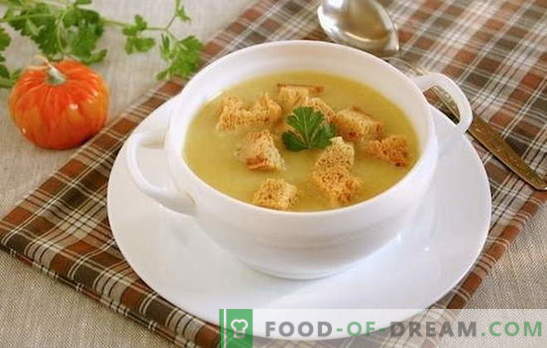 Sopa cremosa com croutons - uma ideia universal para o almoço! Sopa de creme de batata com croutons e legumes, cogumelos, frango