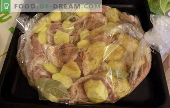 Asse as batatas com carne em suas mangas: receitas para os preguiçosos? Juicy, corado, picante e 