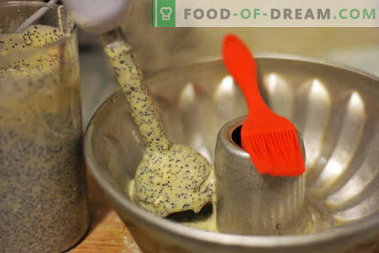 Foto-receita para bolo de sementes de papoula: cozimento sempre bem sucedido! Até uma criança faz um bolo a granel: uma foto passo-a-passo de todas as etapas