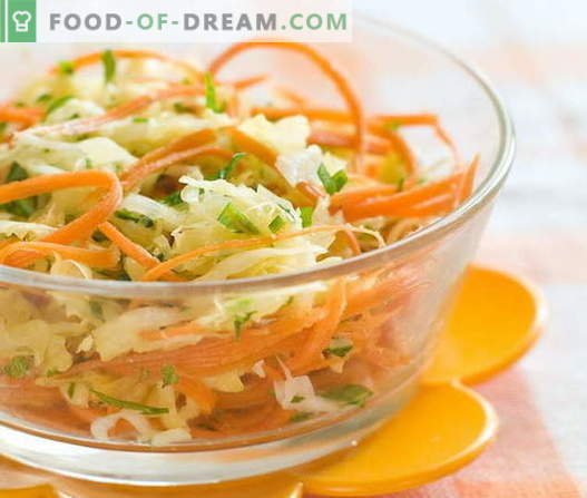 Saladas frescas de cenoura e repolho são as cinco melhores receitas. Cozinhar saladas de cenouras frescas e repolho.