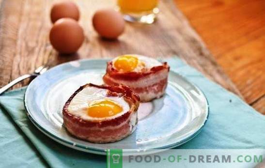 Ovos fritos com bacon - o melhor convidado de comida caseira. A surpresa é difícil, é fácil de alimentar: fantasia nos pratos de bacon e ovos