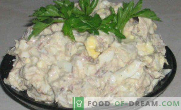 Receitas deliciosas para saladas de conservas de peixe, com queijo derretido, Gentil, Girassol, Mimosa