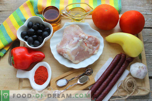 Cozinhar frango em espanhol: com tomates, vinho e enchidos