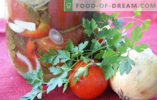 Salada de tomate com cebola para o inverno: uma bela composição doce e picante. Uma coleção das melhores receitas de salada para o inverno com tomates e cebolas