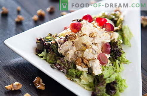 Saladas com frango e nozes são as melhores receitas. Como corretamente e saboroso para preparar uma salada com frango e nozes.