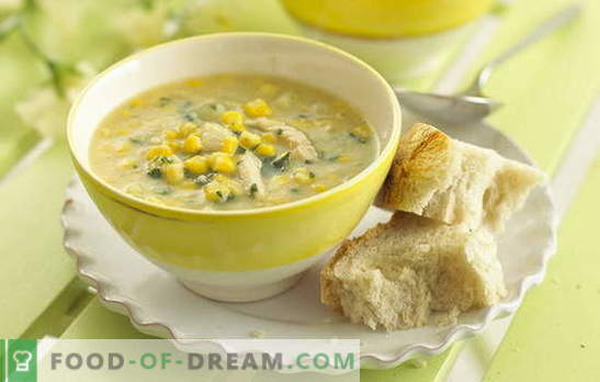 A sopa de milho é um ingrediente favorito em um design incomum. Sopas interessantes com milho enlatado
