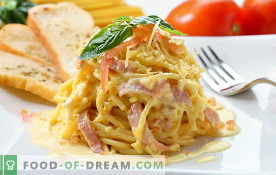 Espaguete carbonara - eles cheiram a Itália! Receitas de espaguete à carbonara com bacon, cogumelos, presunto, frango, camarão